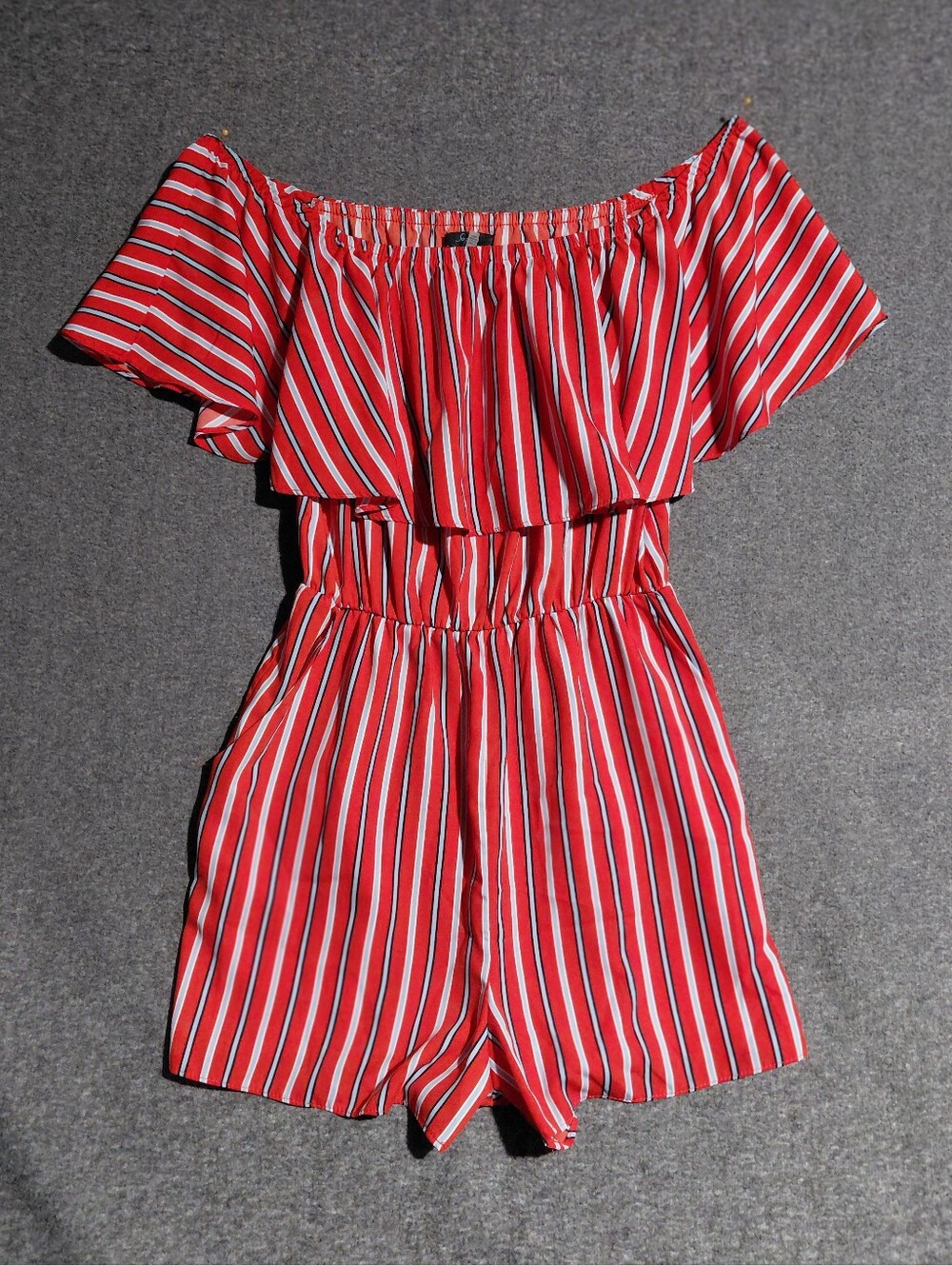 Red/ White/ Black Striped Off-Shoulder Romper Sz S